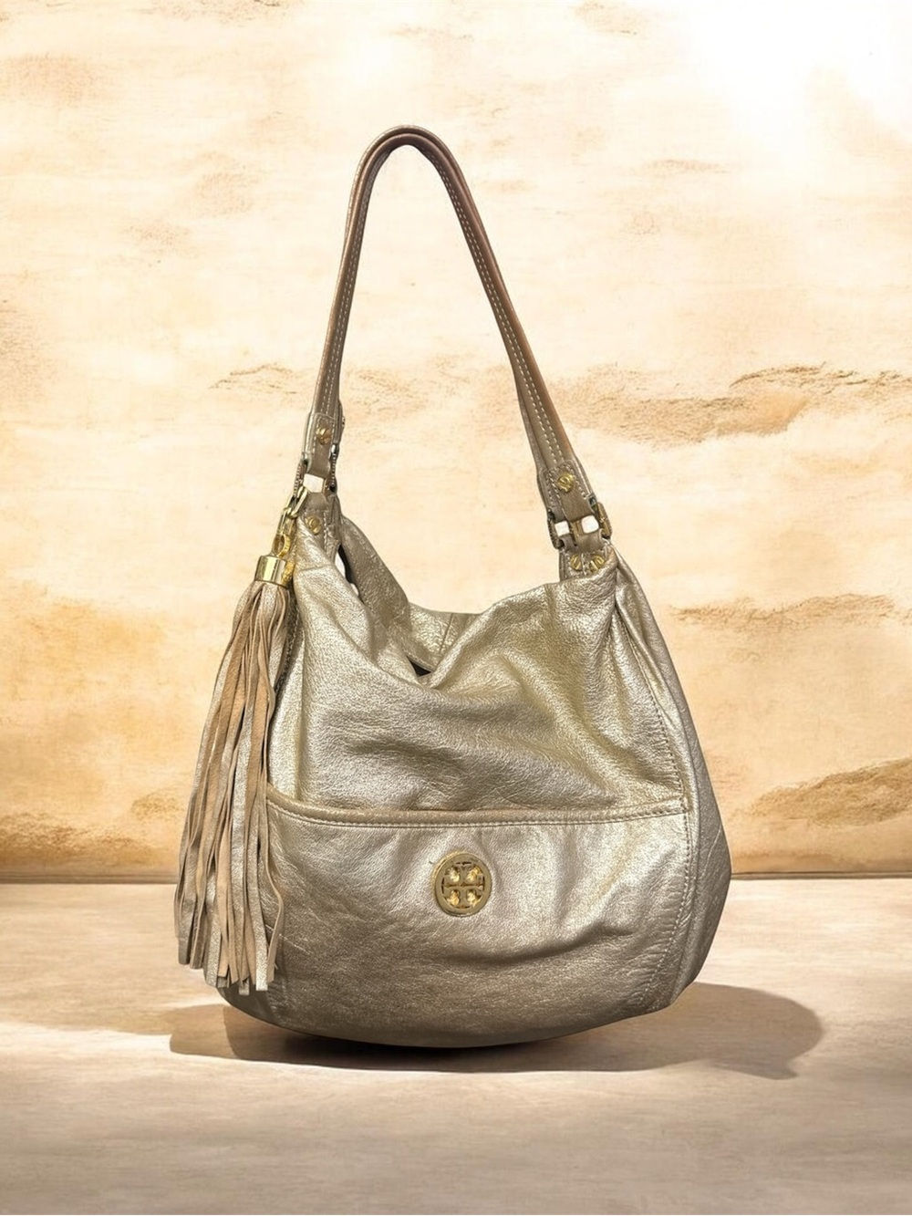 Tory Burch Metallic Gold Leather Shoulder Hobo with Tassel and Mirror Charm - Picture 1 of 8